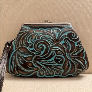Patricia Nash Embossed Clip Top Leather Clutch - Brown and Turqoise